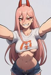 1girls ai_generated breasts chainsaw_man denim denim_shorts female grin hair_between_eyes horns long_hair looking_at_viewer navel orange_eyes pink_hair power_(chainsaw_man) red_horns sharp_teeth shirt shorts smile solo teeth underboob white_shirt xiiirockiiix