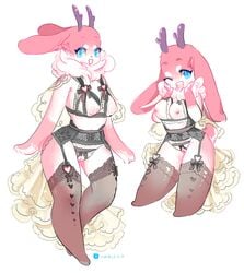 2015 anthro antlers areola blue_eyes blush bow bra breasts buttons chance_(eifie) chibi clothed clothing convenient_hole corset drapery female fur garter heart hi_res horn jackalope lace lagomorph legwear long_ears looking_at_viewer mammal navel neck_tuft nipples open_mouth panties partially_clothed paws pink_fur pink_markings pussy rabbit shawl smile solo spots stockings teeth thick_thighs thigh_highs tongue tuft tumblino underwear voluptuous white_fur wide_hips