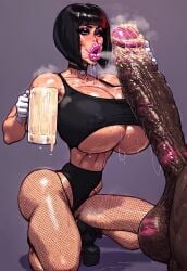 1girls ai_generated bangs big_breasts bimbo bob_cut choker cleavage cleavage_cutout cum cumslut drinking_cum eating_cum female fishnet gokkun goth goth_girl huge_boobs huge_breasts huge_cock huge_cock large_penis lipstick_mark pobodyznerf precum semen slut smegma steam underboob