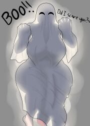 1futa big_ass big_breasts big_penis futanari ghost_costume ghost_futa halloween huge_cock light_background looking_at_viewer no_bra no_panties nude see-through_clothing solo solo_futa text yiomo