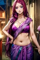 1girls ai_generated harem_outfit light-skinned_female light_skin looking_at_viewer mature_female metal264 red6161 red_hair saree sari