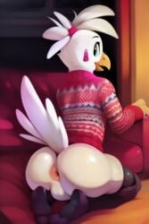 ai_generated animatronic animatronic_female animatronic_male anthro anus ass ass_spread backsack balls ballsack bubble_butt chica_(fnaf) chicken chicken_girl christmas christmas_outfit christmas_sweater couch diplive7 exposed exposed_anus exposed_ass femboy five_nights_at_freddy's five_nights_at_freddy's:_security_breach fnaf furry glamrock_chica_(fnaf) living_room looking_back male presenting presenting_anus presenting_balls presenting_hindquarters rear_view robot robot_girl robot_joints robot_legs robotic sack tagme tail_feathers ugly_sweater