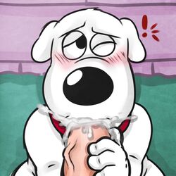 ! anthro blush brian_griffin canine cum cum_in_mouth cum_inside disembodied_penis duo family_guy fellatio human male male_only mammal oral penis sex solo_focus syaokitty yaoi