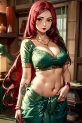 1girls ai_generated harem_outfit light-skinned_female light_skin looking_at_viewer mature_female metal264 red6161 red_hair saree sari