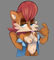 2018 anthro archie_comics baebot breasts breath brown_body brown_fur chest_tuft chipmunk clothed clothing exposed_breasts female fist fur grey_background ground_squirrel half-closed_eyes half-length_portrait hi_res looking_at_viewer mammal narrowed_eyes nipples open_clothing open_shirt open_topwear portrait rodent sally_acorn sciurid sega shirt simple_background solo sonic_(series) sonic_the_hedgehog_(archie) sonic_the_hedgehog_(comics) sonic_the_hedgehog_(series) topwear tuft