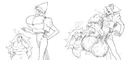 1futa 1girls amethyst_(steven_universe) ballbies balls_as_breasts chesticles female futanari glenngarth huge_cock hyper_balls monochrome oversized_balls pants pearl_(steven_universe) pointy_nose precum steven_universe surprised wardrobe_malfunction