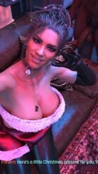 3d areola_slip big_breasts big_penis christmas christmas_outfit cuckold cyberpunk_2077 dark-skinned_female dark-skinned_male large_breasts merry_christmas netorare netorase panam_palmer panamsimp phone_view qos_tattoo queen_of_spades raceplay selfie teasing_cuck_with_phone text wholesome