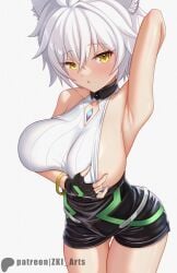 areola_slip armpits black_gloves breasts cat_ears catgirl clothing_cutout core_crystal crossed_bangs diamond_cutout female fingerless_gloves gloves gold_eyes grey_hair hair_between_eyes high-waist_shorts large_breasts messy_hair na'el_(xenoblade) short_hair short_shorts shorts sideboob solo thighhighs thighs xenoblade_(series) xenoblade_chronicles_3 z-ki