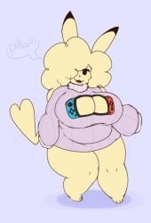 anthro anthrofied big_breasts boob_window bottomless chubby chubby_female cleavage cleavage_cutout clothed clothing dialogue dialogue_bubble fat furry large_breasts large_thighs nintendo pikachu pokemon pokemon_(species) solo solo_female standing sweater tagme thick_thighs verykittyy wide_hips yellow_body