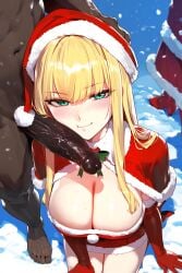 1boy 1girls ai_generated bimbo blonde_hair christmas dark-skinned_male huge_breasts interracial large_penis noirprincess princess_anastasia santa_costume snow