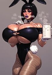 1girls ai_generated bangs big_breasts bimbo bob_cut bunnysuit choker cleavage cleavage_cutout cum cumslut drinking_cum eating_cum female fishnet gokkun goth goth_girl huge_boobs huge_breasts pobodyznerf semen slut steam underboob