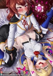 2girls blazblue blonde_hair brown_hair celica_a_mercury cum cum_inside futanari green_eyes noel_vermillion shamashiel