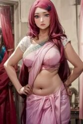 1girls ai_generated harem_outfit light-skinned_female light_skin looking_at_viewer mature_female metal264 red6161 red_hair saree sari