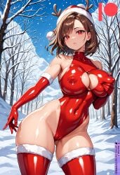 ai_generated bodysuit breasts brown_hair female kuriboh_ex_(artist) latex latex_clothing latex_suit oppai red_eyes rubber rubber_clothing rubber_suit skin_tight