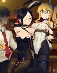 1boy 2girls absurdres animal_ears black_hair black_leotard blonde_hair blue_eyes blurry blurry_background bondage bondage bondage bound cad_(caddo) commission egg_vibrator fake_animal_ears hayasaka_ai highres indoors kaguya-sama_wa_kokurasetai_~tensai-tachi_no_renai_zunousen~ leotard multiple_girls pantyhose playboy_bunny red_eyes restrained second-party_source sex_toy shinomiya_kaguya strapless strapless_leotard vibrator white_leotard