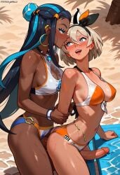 2futas anal bea_(pokemon) beach bikini dark_skin from_behind futa_on_futa futa_only futa_with_futa futanari grey_hair long_hair nessa_(pokemon) pokemon sex short_hair