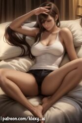 ai_generated alternate_version_available bed bedroom blush blush brown_eyes brown_hair clothed clothed_female clothing crop_top female female_only final_fantasy final_fantasy_vii fully_clothed fully_clothed_female hand_on_head klexyai laying_down laying_on_back laying_on_bed legs_apart long_hair looking_down looking_down_at_self moving_hair open_legs patreon patreon_username sfw sfw_version shiny shiny_skin short short_shorts shorts sitting_up smile smiling solo solo_female tifa_lockhart