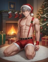 1boy abs ai_generated belt bsky_link bulge caelus_(honkai:_star_rail) christmas christmas_clothing christmas_decorations christmas_hat christmas_outfit christmas_present christmas_tree dvxxxgrai fireplace grey_hair honkai:_star_rail kneeling male male_only nipples pixai pony_diffusion_xl red_shorts santa_hat seated shorts smile solo solo_male suspenders tagme toned toned_body toned_male topless topless_male twitter_link yellow_eyes