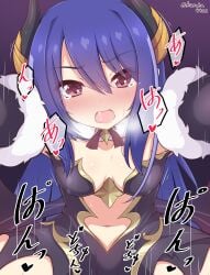 absurdres alternate_costume artist_name black_gloves black_horns blue_hair breasts cleavage clothing_cutout commentary_request covered_nipples demon_girl demon_horns elbow_gloves female fur-trimmed_collar fur-trimmed_gloves fur_trim gloves heart_cutout highres horns kuroha_koudai looking_at_viewer motion_lines navel open_mouth princess_connect! red_eyes rei_(princess_connect!) solo spread_legs tearing_up translation_request