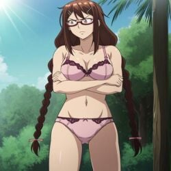 1girls ai_generated annoyed bikini bra kyochuu_rettou naruse_chitose outdoors panties