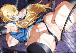 anus areolae ass bare_shoulders black_leotard blonde_hair bondage bouncing_breasts breasts censored chains elbow_gloves female from_behind hanging_breasts headband highres huge_breasts japanese_clothes kuikome_sagi leotard long_hair martial_champion mosaic_censoring motion_blur mound_of_venus nipples open_clothes pussy racheal restrained shaved_pussy shaved_pussy solo spanked spread_legs sweat thighhighs torture whip whip_marks