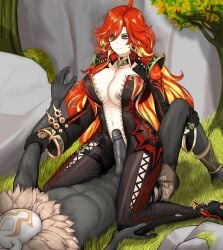 breasts clothed_sex copyright_request cowgirl_position highres hilichurls_(species) long_hair looking_down mavuika_(genshin_impact) noi_(artist) orange_hair penis sitting sitting_on_person smile straddling vision_(genshin_impact)