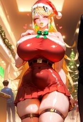 1girls ai_generated big_breasts blonde_hair blush breasts_bigger_than_head female huge_ass huge_breasts lipstick long_hair massive_breasts mythra mythra_(xenoblade) nintendo santa_costume santa_hat thick_thighs wide_hips xenoblade_(series) xenoblade_chronicles_2 yellow_eyes yellow_lipstick