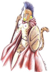 2007 armor breasts cape coyotek feline female furry geno geno_e._vefa_(coyotek) headgear helmet hi_res hoplite looking_at_viewer mammal melee_weapon nipples partially_clothed polearm pussy shield simple_background solo spear sword traditional_media_(artwork) weapon white_background