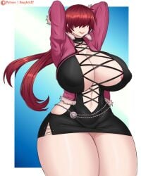 1girls areolae areolae_slip big_breasts boob_window breasts busty cleavage clothed curvaceous curvy curvy_female dougarts27 female fishnets hands_behind_head huge_breasts jacket king_of_fighters large_breasts licking_lips light-skinned_female light_skin long_hair nipple_bulge nipple_slip no_bra pale-skinned_female pale_skin ponytail red_hair shermie_(kof) skirt standing thick thick_legs thick_thighs thighs tied_hair voluptuous voluptuous_female wide_hips