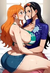 2girls ai_generated arms_around_partner arms_around_waist big_ass big_breasts big_butt bikini blush blushing_female blushing_profusely booty_shorts breasts_to_breasts breasts_touching breath bubble_ass bubble_butt butt_crack cleavage deep_cleavage dripping duo duo_female female female_only hand_on_another's_back hands_around_waist huge_ass huge_breasts imminent_kiss jean_shorts kissing large_breasts massive_breasts mounted mounting nami narrow_waist nico_robin on_bed on_lap one_piece open_mouth saliva saliva_drip saliva_trail self_upload sitting sitting_on_lap sitting_on_person sweatdrop sweating sweaty sweaty_body sweaty_breasts sweaty_butt thick_thighs tongue tongue_kiss waist_grab wide_hips yeetyboi5000 yuri