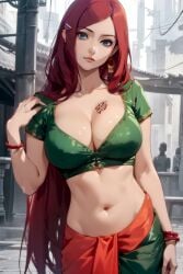 1girls ai_generated harem_outfit light-skinned_female light_skin looking_at_viewer mature_female metal264 red6161 red_hair saree sari