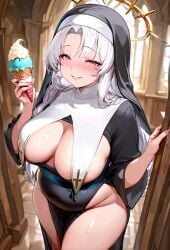 absurd_res ai_generated anime ass back bare_thighs big_hips big_thighs blurry blurry_background blush breasts chapel chubby chubby_belly church colorful_eyes female fingernails halo ice_cream indoors large_breasts long_hair looking_at_viewer looking_up nun nun_outfit parted_lips pink_eyes pink_halo rainbow_eyes sash shiny smile solo solo_female white_hair