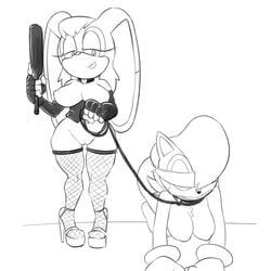 2016 anthro areola big_breasts bondage breasts chipmunk duo erect_nipples female fishnets hi_res high_heels huge_breasts lagomorph mammal mature_female nipples petplay platform_heels pussy rabbit ravnic rodent roleplay sally_acorn sonic_(series) vanilla_the_rabbit