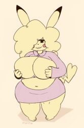 anthro anthrofied big_breasts boob_window chubby chubby_female cleavage cleavage_cutout clothed clothing edit fat furry holding_breast large_breasts large_thighs nintendo pikachu pokemon pokemon_(species) smiling_at_viewer solo solo_female standing sweater tagme thick_thighs verykittyy wide_hips yellow_body