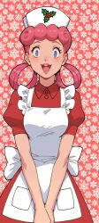 1girls blue_eyes blushing christmas female female_only hair_rings nurse_cap nurse_joy nurse_uniform paulinebabe pink_hair pokemon red_dress white_apron