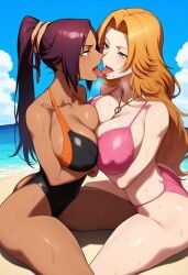 2girls ai_generated arms_crossed_under_breasts beach big_ass big_breasts big_butt bikini bleach bleach:_the_thousand-year_blood_war blush breast_to_breast breasts_pressed_against_partner breasts_to_breasts breasts_touching breath bubble_ass bubble_butt cleavage dark-skinned_female deep_cleavage dripping duo duo_female female female_only huge_ass huge_breasts interracial interracial_yuri large_breasts looking_at_another looking_at_partner massive_breasts matsumoto_rangiku narrow_waist open_mouth posing posing_for_the_viewer saliva saliva_drip saliva_trail self_upload shihouin_yoruichi sweatdrop sweating sweaty sweaty_body sweaty_breasts sweaty_butt thick_nipples thick_thighs tongue tongue_kiss tongue_to_tongue tongues_touching wide_hips yeetyboi5000 yuri