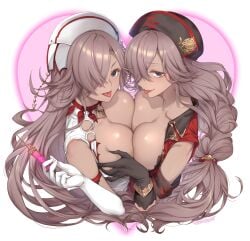 2girls absurdres black_gloves braid breasts breasts_squeezed_together choker cinderella_(sinoalice) collared_shirt commentary_request commission dark-skinned_female dark_skin dual_persona elbow_gloves gloves grabbing_another's_breast groping hair_over_one_eye hat heart heart_background highres holding holding_syringe looking_at_viewer multiple_girls nurse nurse_cap one_eye_covered open_clothes open_shirt parted_lips pink_hair purple_eyes second-party_source selfcest shirt simple_background single_braid sinoalice skeb_commission syringe teroru tongue tongue_out torn_clothes wavy_hair white_gloves yuri