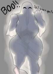 1girls big_ass big_breasts ghost_costume ghost_girl halloween light_background looking_at_viewer no_bra no_panties nude see-through_clothing solo solo_female text yiomo