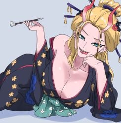 beast_pirates black_maria blonde_hair blue_eyes cigarette cigarette_holder cleavage eggplant female female_only geisha geisha_hair horns kimono large_breasts one_piece tongue_out wano_country