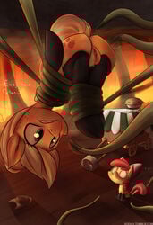 ... 2016 absurd_res apple_bloom_(mlp) applejack_(mlp) ass bondage bound bow clip_clop clothing cutie_mark dialogue dock duo earth_pony english_text equine female feral food friendship_is_magic hair hat headgear hi_res horse imminent_rape legwear mammal my_little_pony outside pie pony pussy red_hair restrained sibling sisters suspension tentacle text thigh_highs upside-down