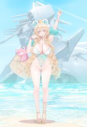 :d absurdres alternate_costume arm_up azur_lane bag beach blonde_hair blush breasts commentary_request day dishwasher1910 female full_body guam_(azur_lane) highres huge_breasts long_hair one-piece_swimsuit open_mouth outdoors purple_eyes smile solo standing star-shaped_pupils star_(symbol) stuffed_animal stuffed_toy swimsuit symbol-shaped_pupils teddy_bear thighs toes water