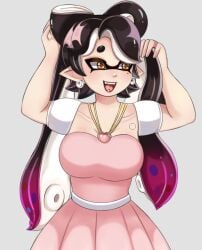 1girls adjusting_hair arms_up breasts callie_(splatoon) dress gray_background grey_background inkling inkling_girl long_hair mole mole_under_eye nintendo open_mouth pink_dress pointy_ears simple_background solo solo_female solo_focus splatoon tentacle tentacle_hair tongue two_tone_hair ukaisensei