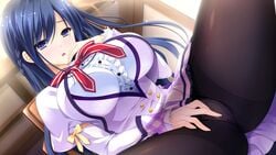 1girls black_legwear blue_eyes blue_hair blush braid breasts censored chair dutch_angle female female_only game_cg hair_ornament highres large_breasts long_hair makise_satsuki masturbation mosaic_censoring mutou_kurihito open_mouth otome_ga_irodoru_koi_no_essence pantyhose school_uniform sitting skirt solo solo_female tied_hair