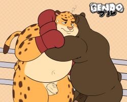 anthro balls bear benjamin_clawhauser bodily_fluids boxing boxing_gloves cheetah clothing digital_media_(artwork) disney duo felid feline fight fighting_ring flaccid foreskin fur gendomx genitals gloves gloves_only handwear handwear_only hi_res humanoid_genitalia humanoid_penis male male/male mammal markings mostly_nude navel nude obese obese_anthro obese_male overweight overweight_anthro overweight_male penis simple_background sport spots spotted_body standing sweat sweatdrop tail tight_foreskin vein veiny_penis zootopia