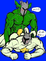 anal armor body_hair chest_hair clothed clothing dragon gay hi_res lagomorph male mammal muscular rabbit rg01 rg01_(undertale) rg02 rg02_(undertale) topless undertale video_games yaoi