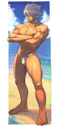 1boy abs arms_crossed bara barefoot beach bulge full_body human human_only looking_at_viewer male male_only muscle muscles muscular muscular_male nikism nipples oily outdoors pecs shiny_skin silver_hair solo solo_focus solo_male toned toned_body toned_male topless underwear underwear_only veiny_muscles water white_eyes white_hair white_underwear