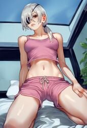 ai_generated chainsaw_man eye_patch looking_at_viewer looking_down male_pov medium_breasts medium_hair midriff on_bed quanxi_(chainsaw_man) sweatdrop white_hair