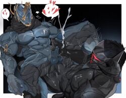 2males 2men anal_sex au_ra cum_in_ass cum_inside erection excalibur_umbra_(warframe) final_fantasy_xiv jaxcian male/male masked stroking_penis warframe