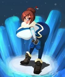 big_ass big_breasts blue_pants brown_hair glasses hair_ornament mei_(overwatch) overwatch smile snow_boots