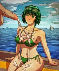 1boy 1girls beach bikini busty cum cum_on_body cum_on_breasts dick fubuki_(one-punch_man) green_eyes green_hair one_punch_man shadycroc white_skin